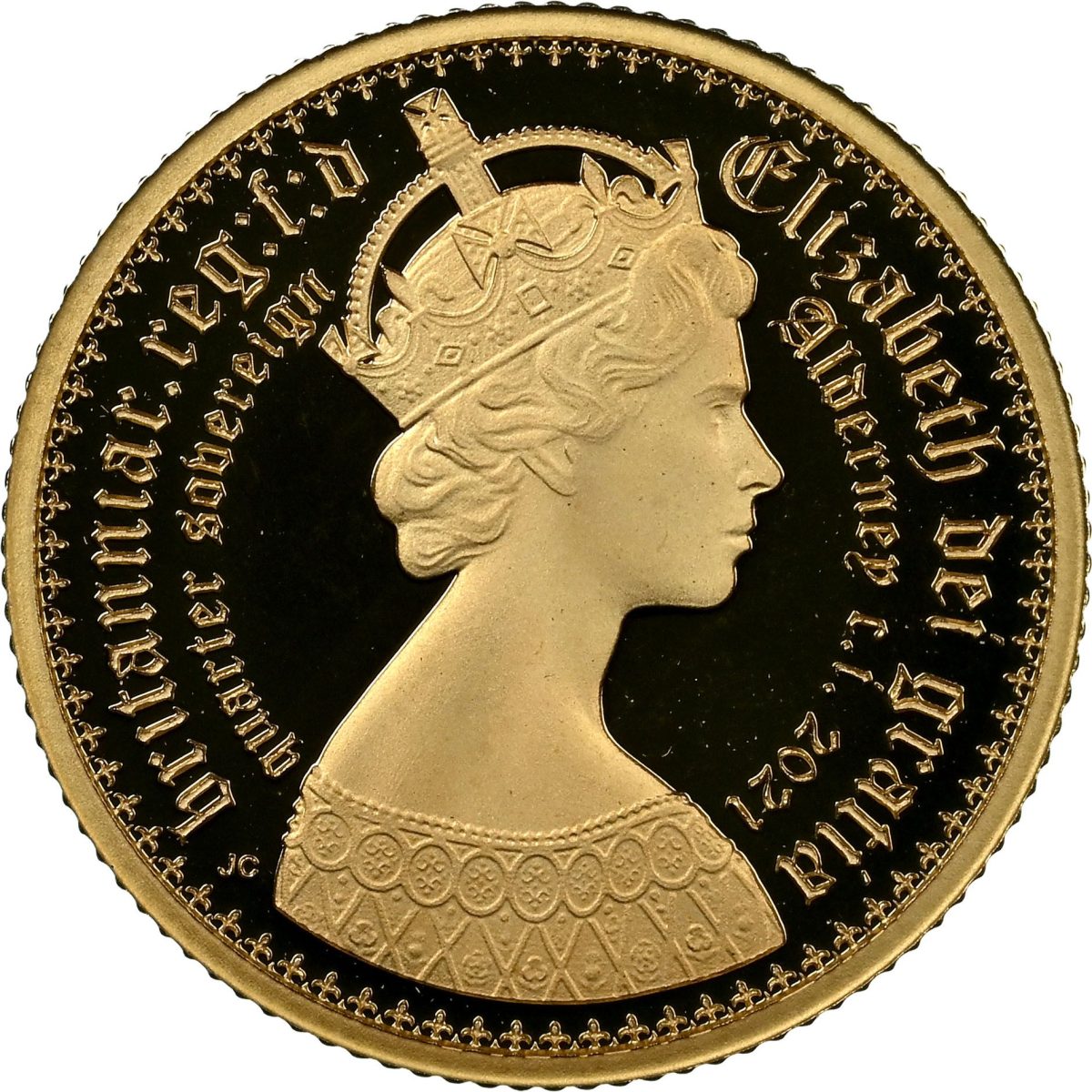 Alderney ¼ Sovereign - Elizabeth II Gothic - Quartered Arms; Gold Proof obverse