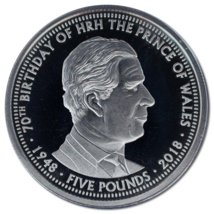 Alderney 5 Pounds - Elizabeth II Prince Charles; Silver Proof reverse