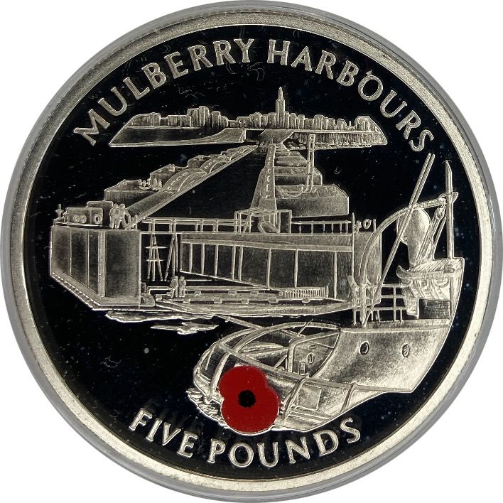Gibraltar 5 Pounds - Elizabeth II Mulberry Harbours-Coloured Poppy reverse