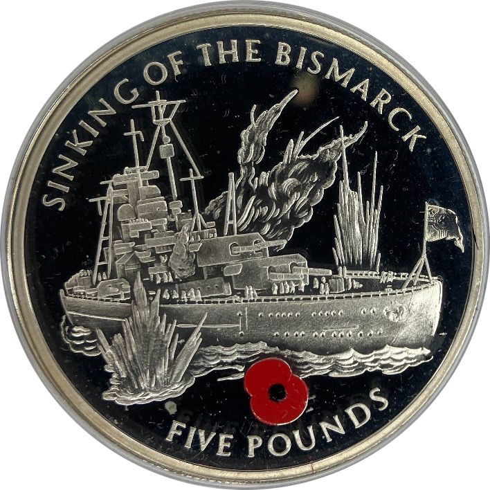 Gibraltar 5 Pounds - Elizabeth II Sinking of the Bismarck-Coloured Poppy reverse