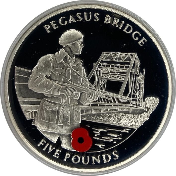 Gibraltar 5 Pounds - Elizabeth II Pegasus Bridge-Coloured Poppy reverse