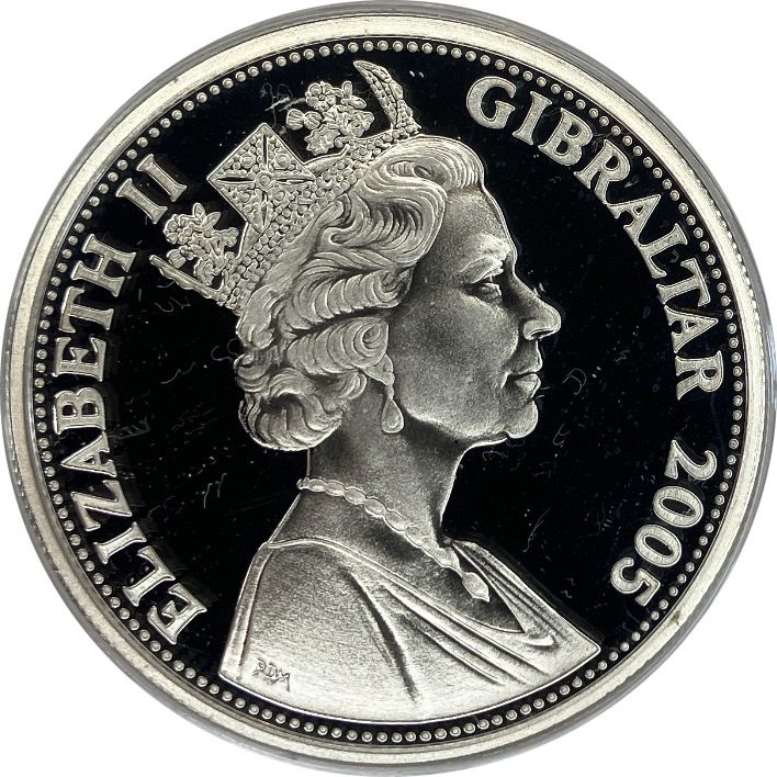Gibraltar 5 Pounds - Elizabeth II The end of world war VE- day obverse