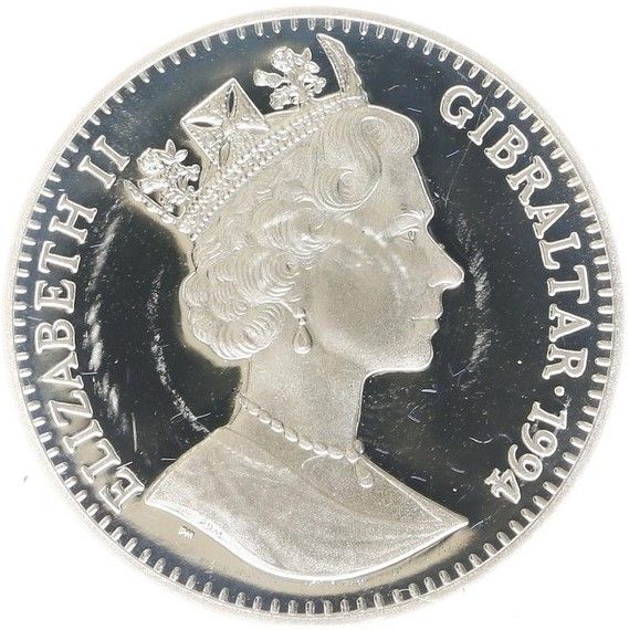 Gibraltar 1 Crown - Elizabeth II Player kicking; Silver Proof obverse