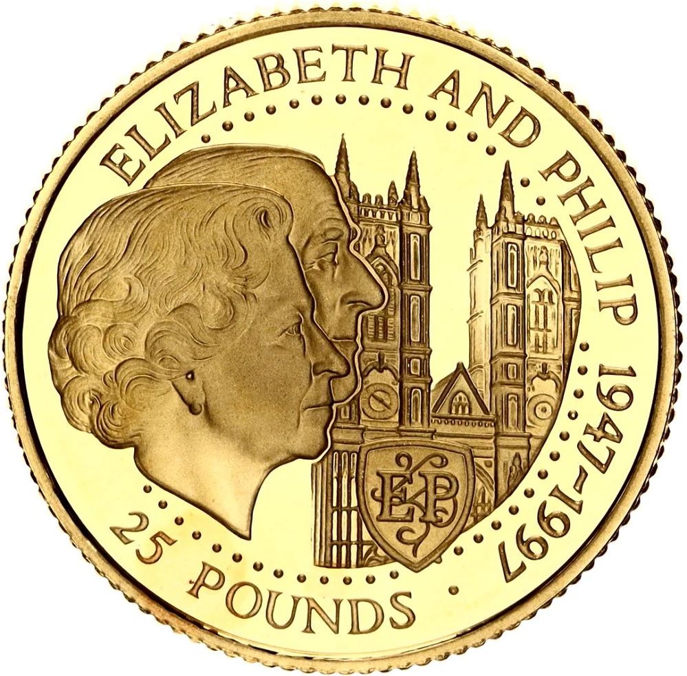 Guernsey 25 Pounds - Elizabeth II Golden Wedding - Gold