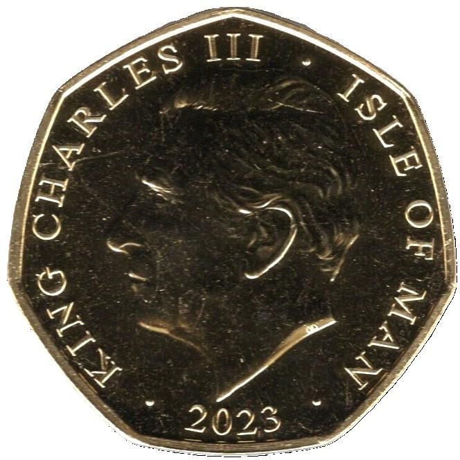 Isle of Man 50 Pence - Charles III Anthem - God Save the King; Gold plated obverse