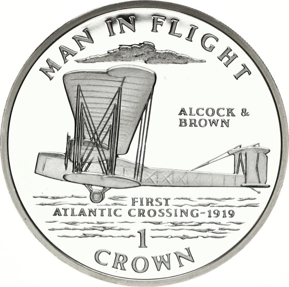 Isle of Man 1 Crown - Elizabeth II First Atlantic Crossing - 1919, Silver Proof reverse