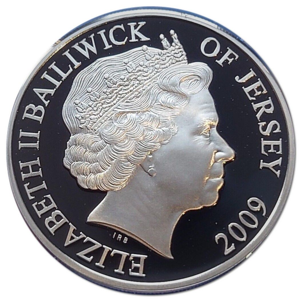Jersey 5 Pounds - Elizabeth II Sea Exploration - Robert Falcon Scott; Silver Proof obverse