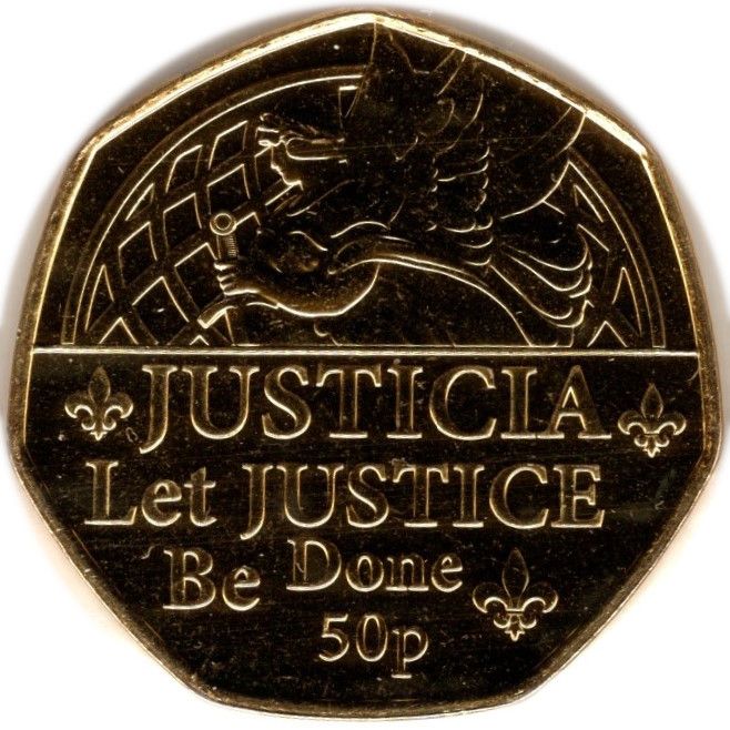 Jersey 50 Pence - Elizabeth II Platinum Jubilee - Justicia; Gold plated reverse