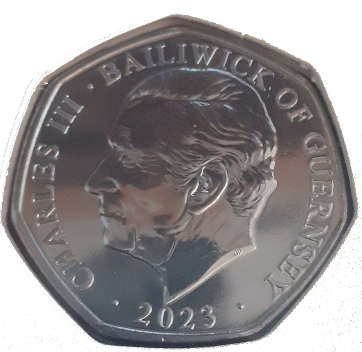 Guernsey 50 Pence - Charles III Coronation Regalia - The Sword of Offering obverse