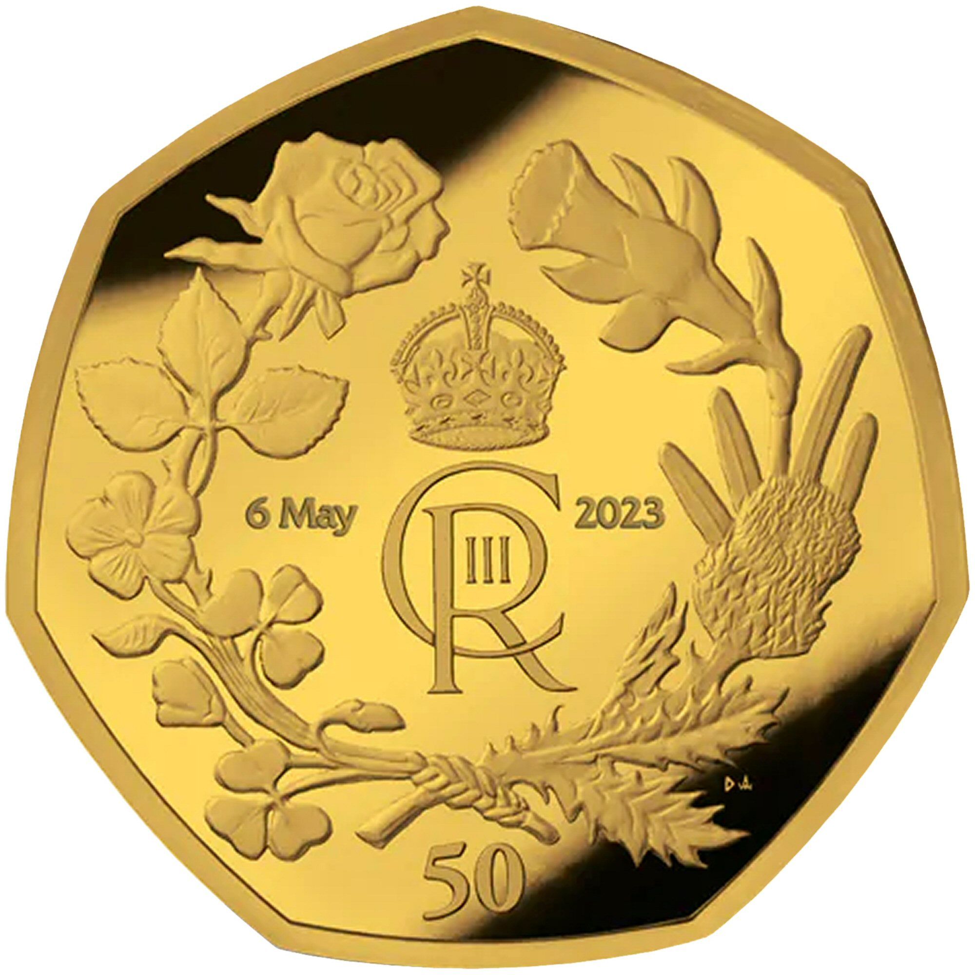 British Antarctic Territory 50 Pence - Charles III Royal cypher; Gold plated reverse