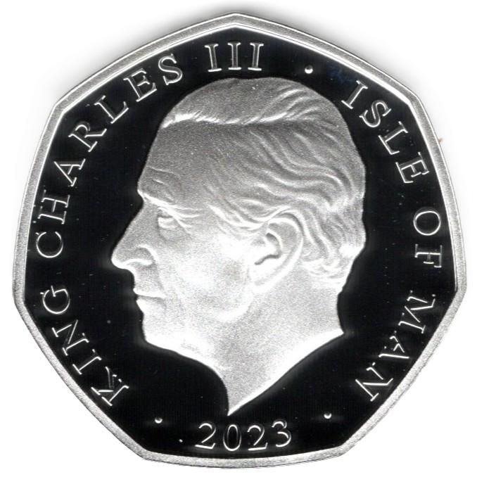 Isle of Man 50 Pence - Charles III Anthem - Send Him Victorious; Silver Proof obverse