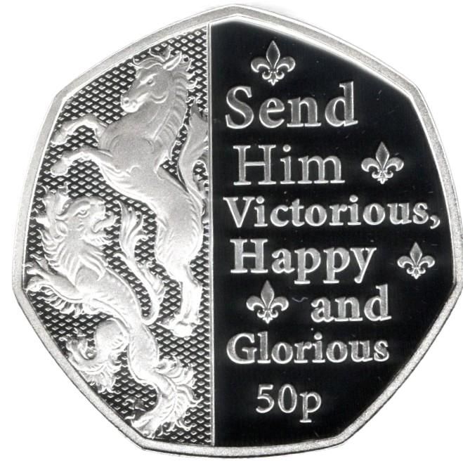 Isle of Man 50 Pence - Charles III Anthem - Send Him Victorious; Silver Proof reverse