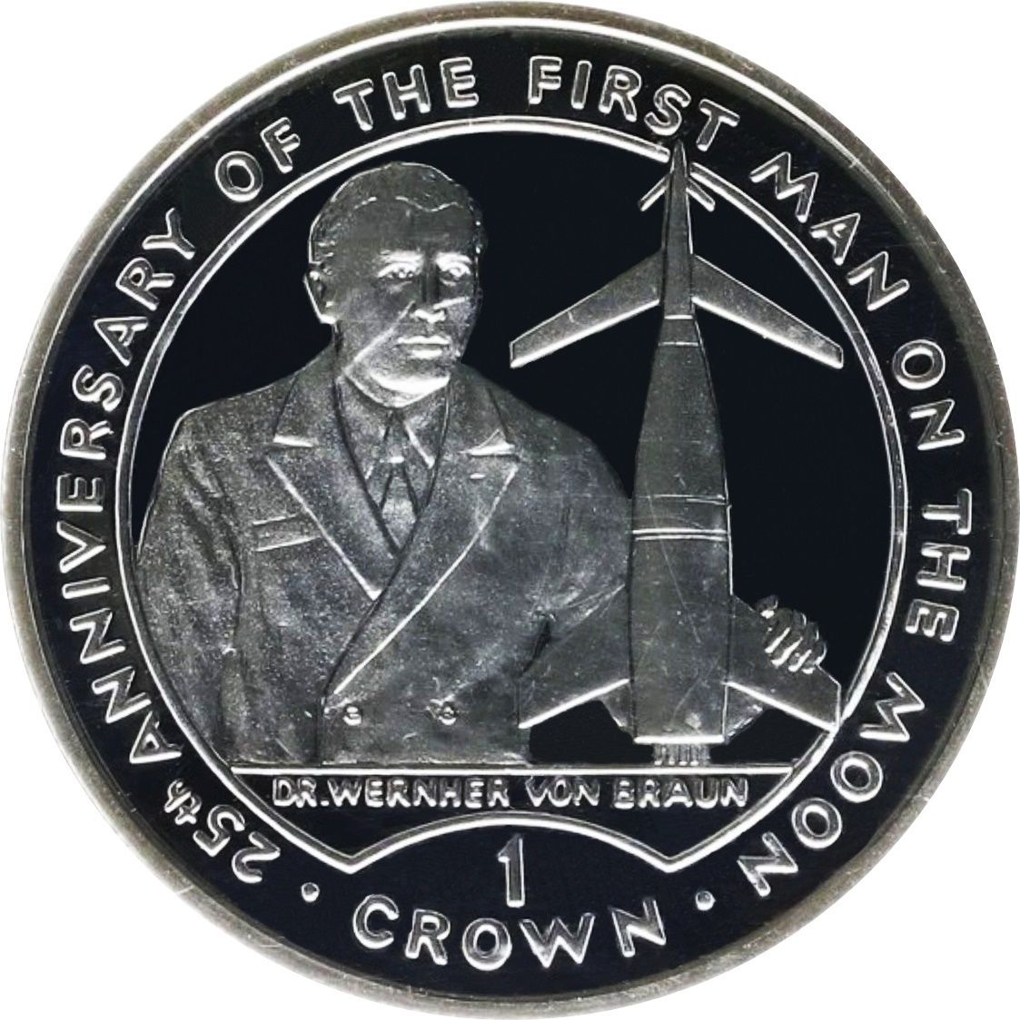 Gibraltar 1 Crown - Elizabeth II First man on the Moon - Wernher von Braun; Silver Proof reverse