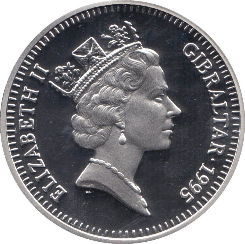 Gibraltar 5 Pounds - Elizabeth II VJ Day; Silver Proof obverse