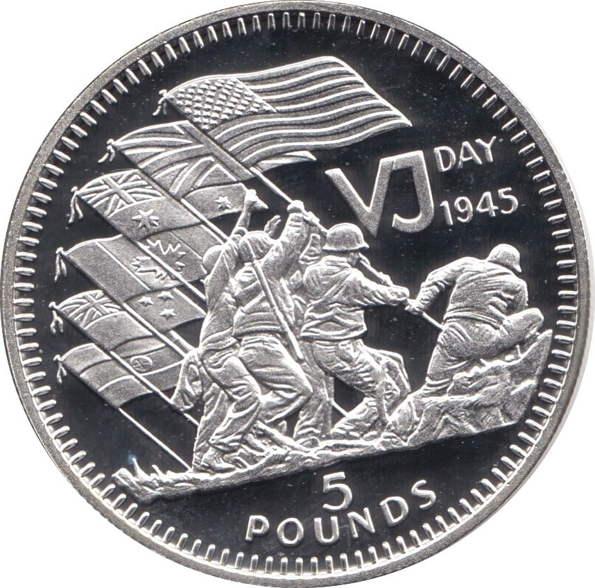 Gibraltar 5 Pounds - Elizabeth II VJ Day; Silver Proof reverse