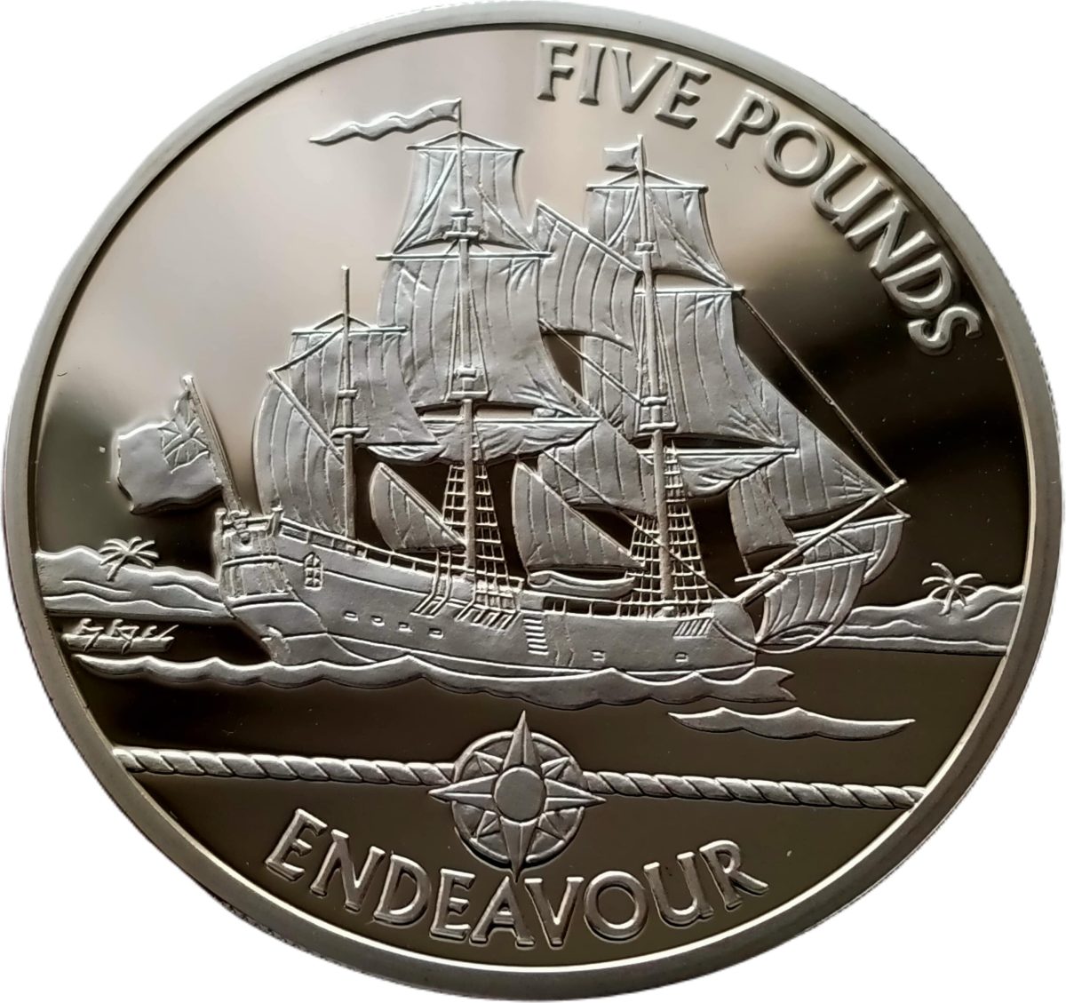 Guernsey 5 Pounds - Elizabeth II HMS Endeavour; Silver Proof reverse