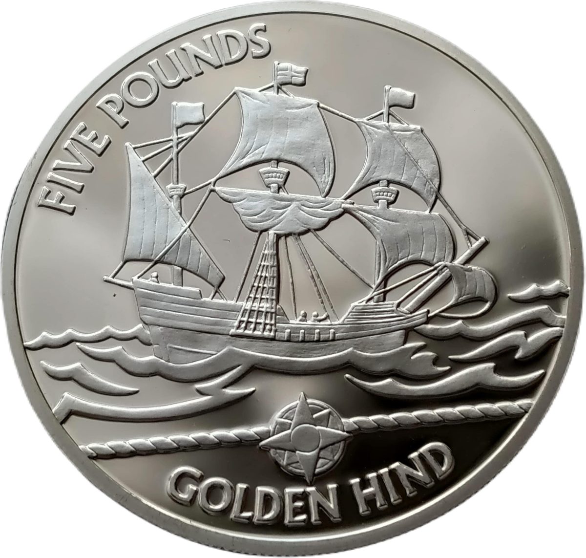 Guernsey 5 Pounds - Elizabeth II Golden Hind; Silver Proof