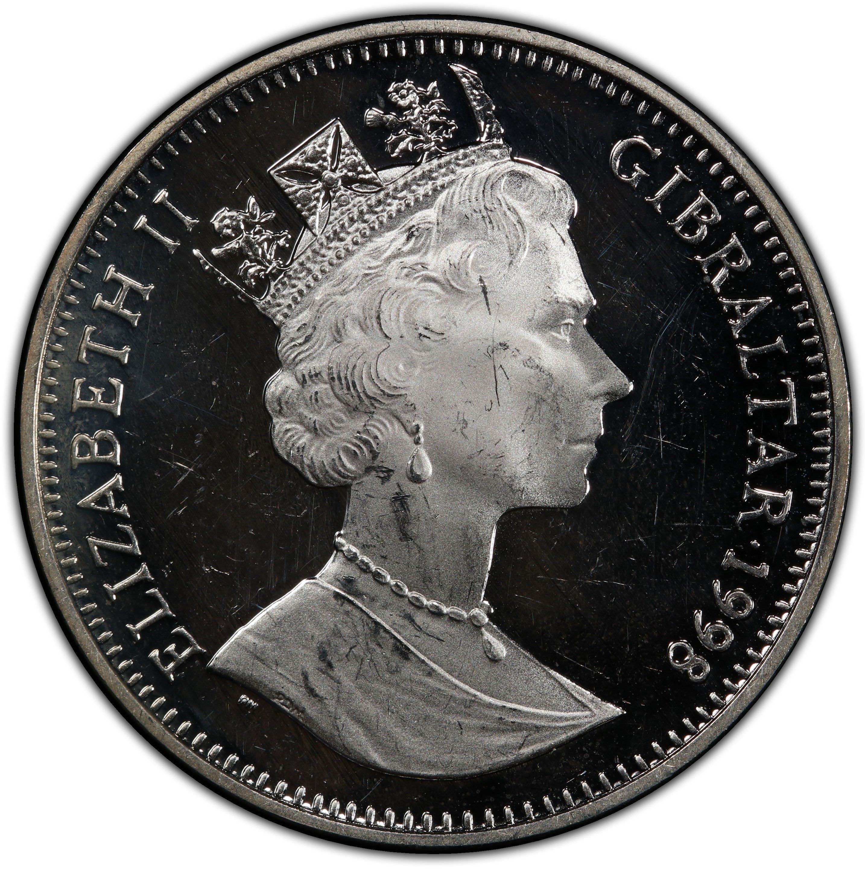 Gibraltar 1 Crown - Elizabeth II Neandertal Man; Silver Proof obverse