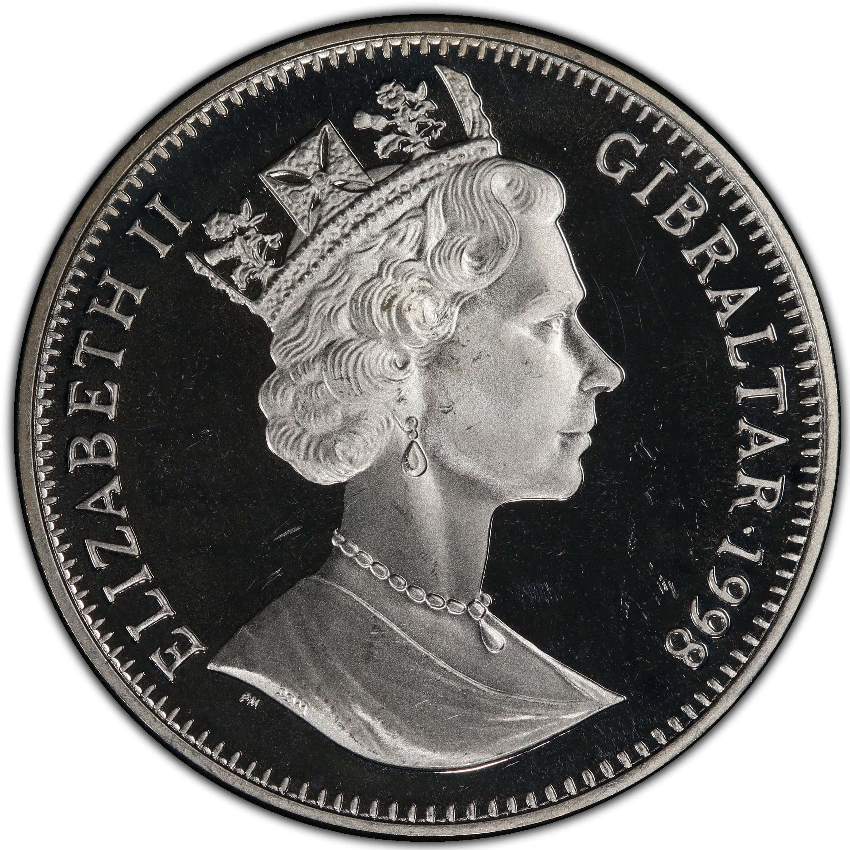 Gibraltar 1 Crown - Elizabeth II Raymond Dart and Taung Skull; Silver Proof obverse