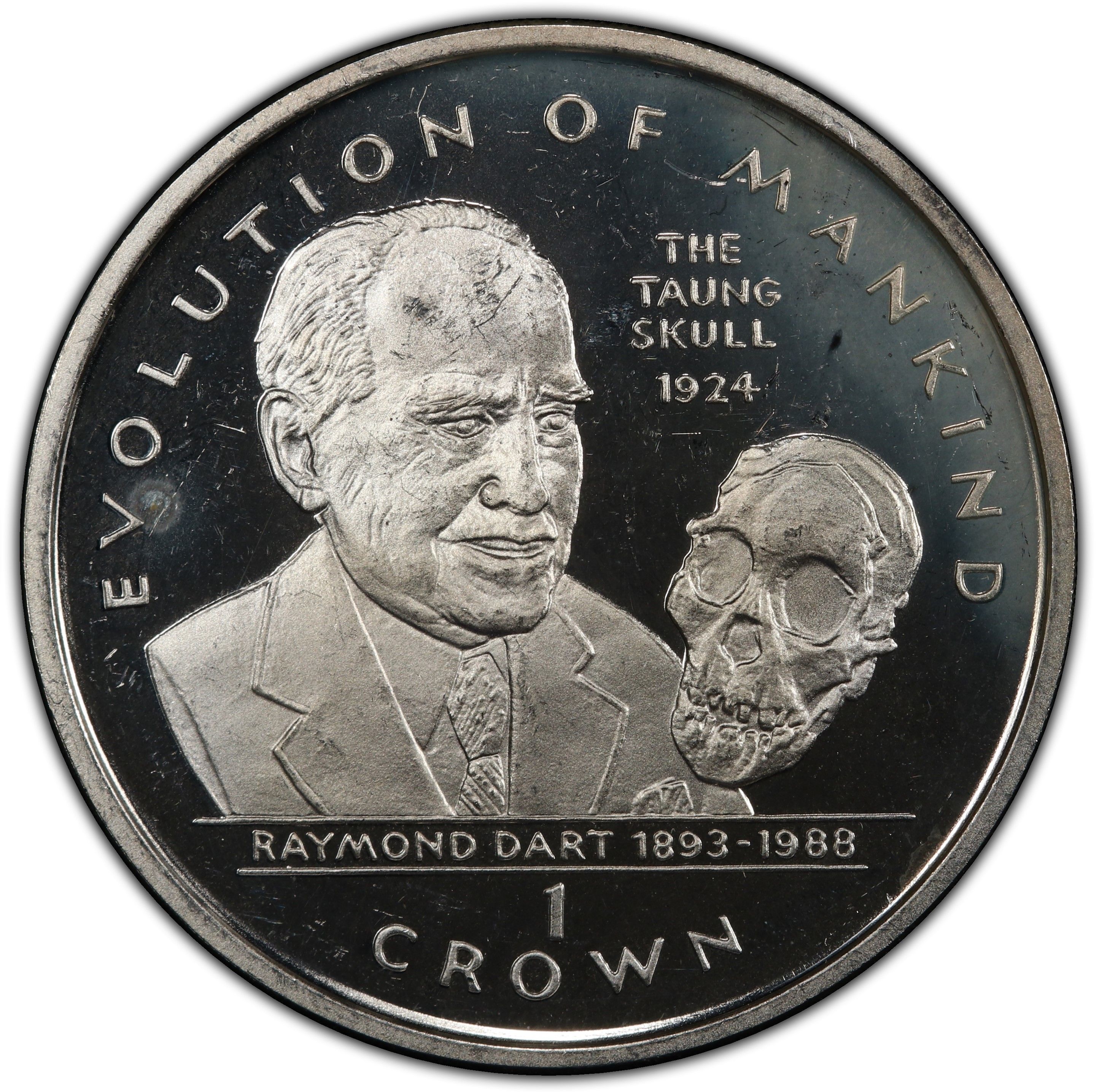 Gibraltar 1 Crown - Elizabeth II Raymond Dart and Taung Skull; Silver Proof reverse