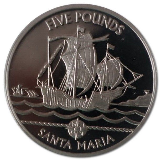 Guernsey 5 Pounds - Elizabeth II Santa Maria; Silver Proof reverse