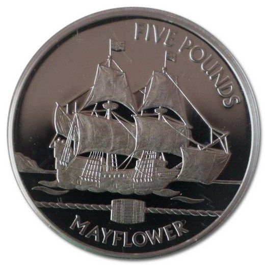 Guernsey 5 Pounds - Elizabeth II Mayflower; Silver Proof reverse