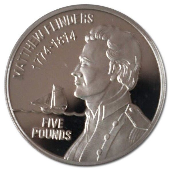 Jersey 5 Pounds - Elizabeth II Sea Exploration - Matthew Flinders; Silver Proof reverse