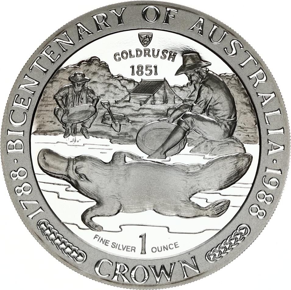 Isle of Man 1 Crown - Elizabeth II Bicentenary of Australia - Platypus; Silver Proof reverse