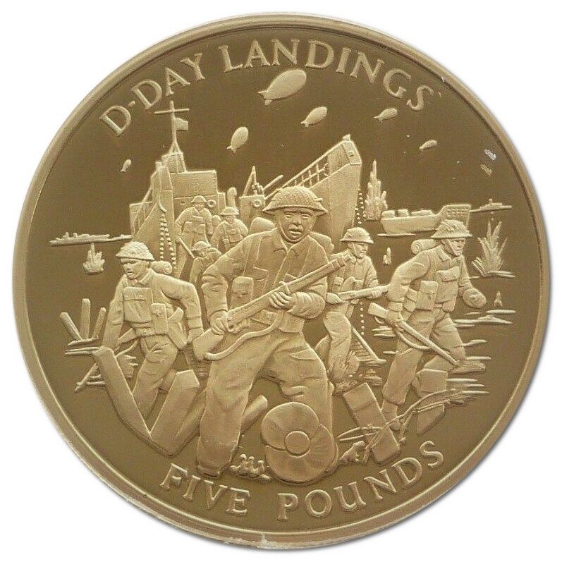 Gibraltar 5 Pounds - Elizabeth II D-Day Landings; Gold Proof reverse