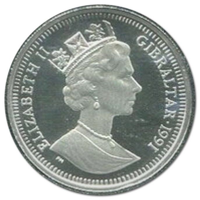 Gibraltar ⅕ Crown - Elizabeth II Wrestlers; Platinum Proof obverse