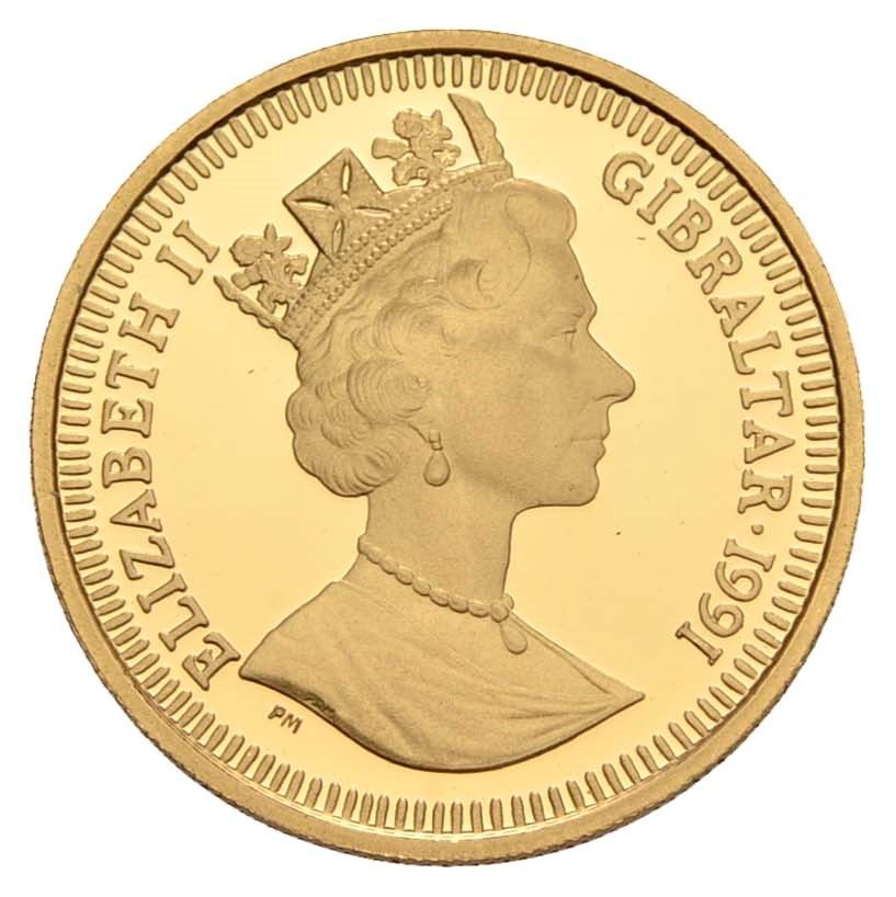 Gibraltar ⅕ Crown - Elizabeth II Discus Thrower; Gold Proof obverse