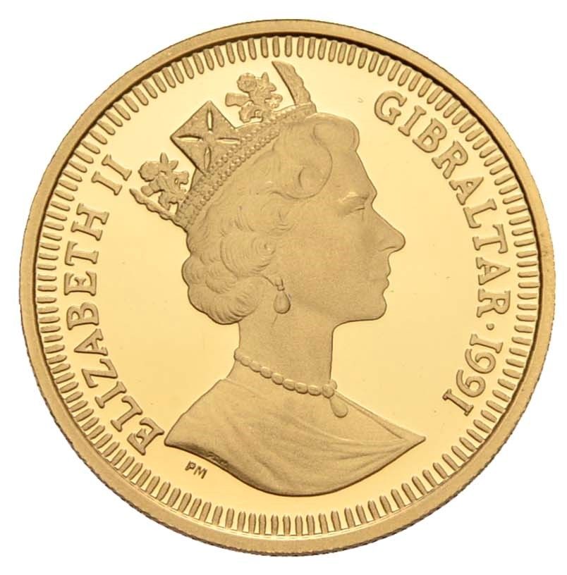 Gibraltar ⅕ Crown - Elizabeth II Wrestlers; Gold Proof obverse
