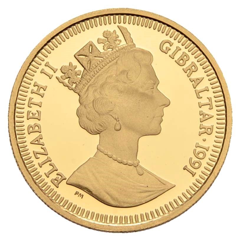 Gibraltar ⅕ Crown - Elizabeth II Boxing; Gold Proof obverse
