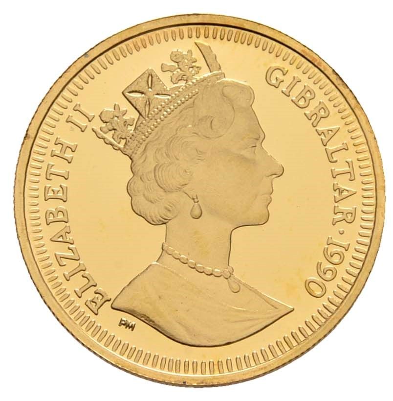 Gibraltar ⅕ Crown - Elizabeth II World Cup - Two players; Gold Proof obverse