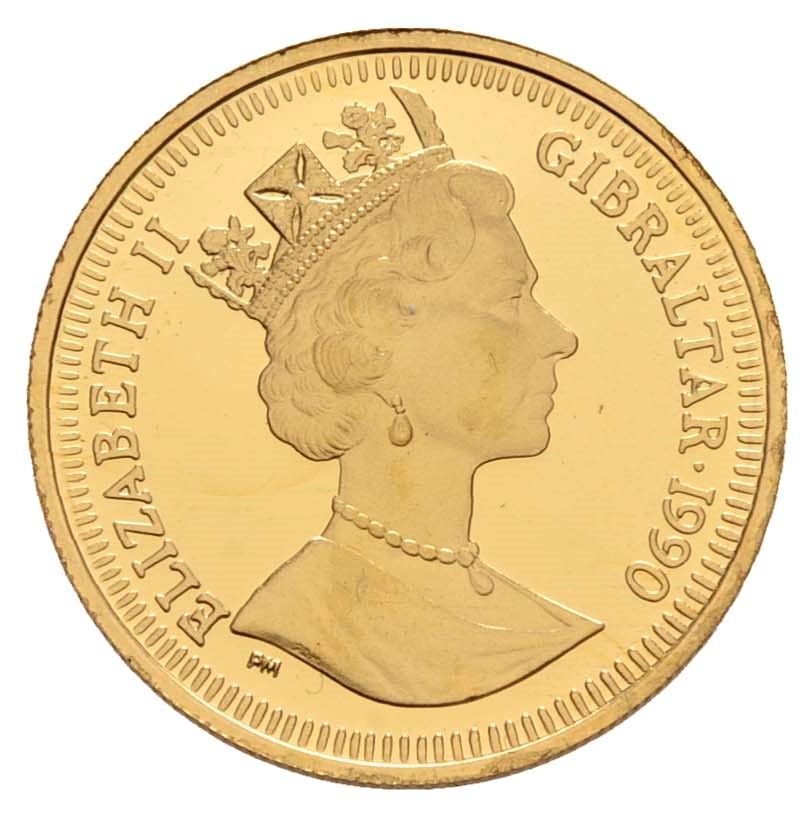 Gibraltar ⅕ Crown - Elizabeth II World Cup - Three players; Gold Proof obverse