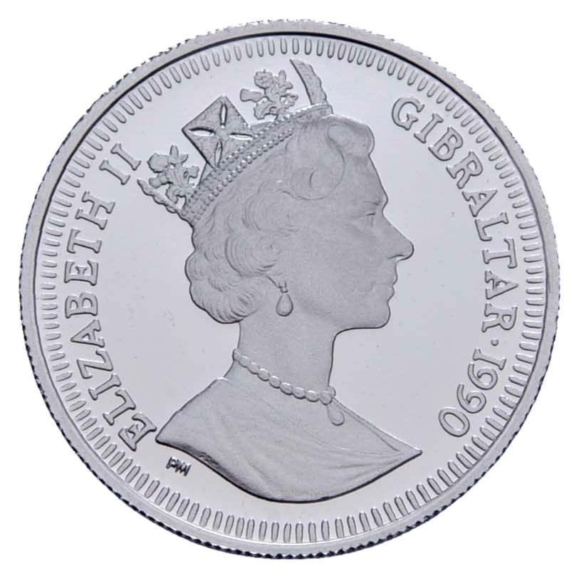 Gibraltar ⅕ Crown - Elizabeth II World Cup - Three players; Platinum Proof obverse
