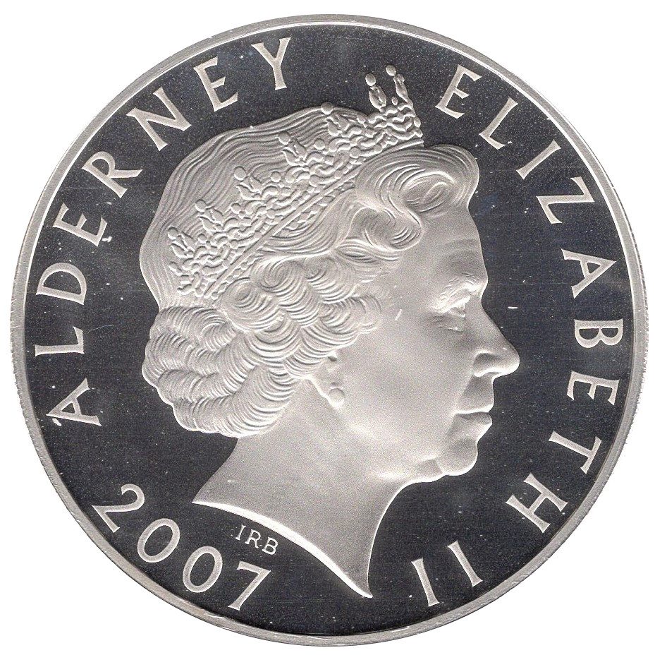 Alderney 5 Pounds - Elizabeth II 60th Wedding Anniversary - Wedding Portrait; Silver Proof obverse