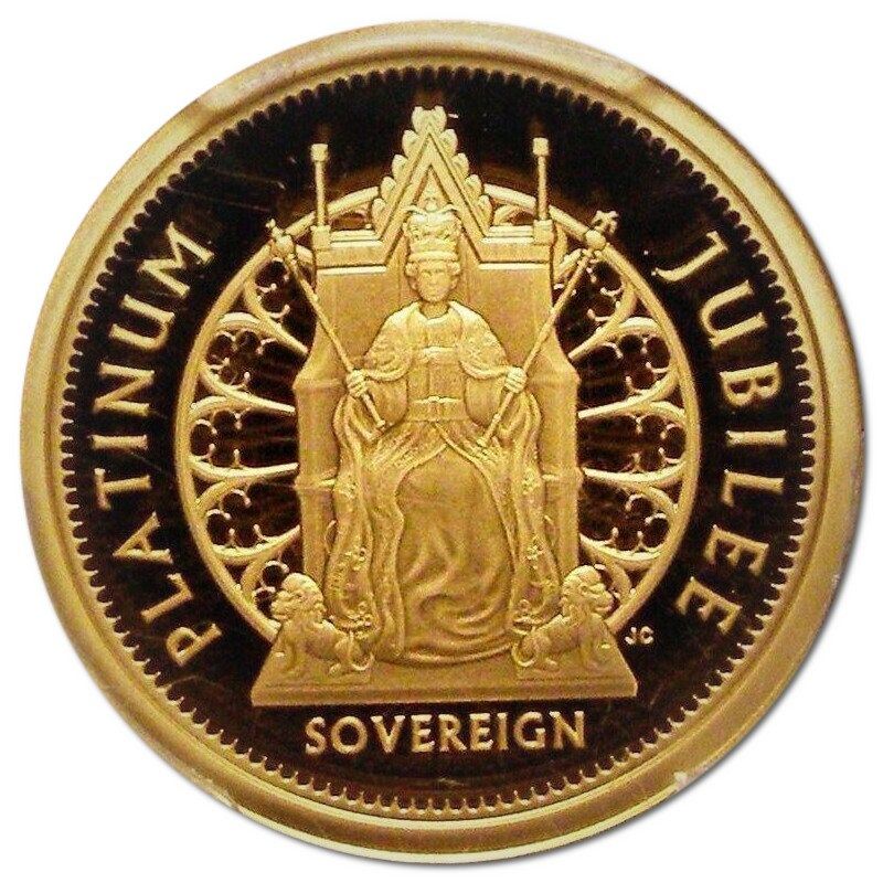 Alderney 1 Sovereign - Elizabeth II Platinum Jubilee - Queen on throne