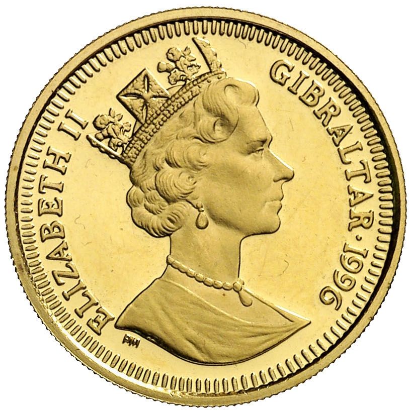 Gibraltar ⅕ Crown - Elizabeth II Peter Rabbit Escaping; Gold Proof obverse