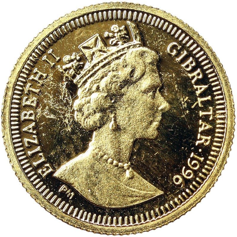 Gibraltar 1/25 Crown - Elizabeth II Peter Rabbit Escaping; Gold Proof obverse