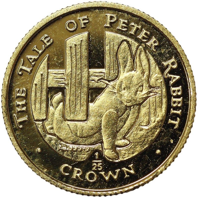 Gibraltar 1/25 Crown - Elizabeth II Peter Rabbit Escaping; Gold Proof reverse