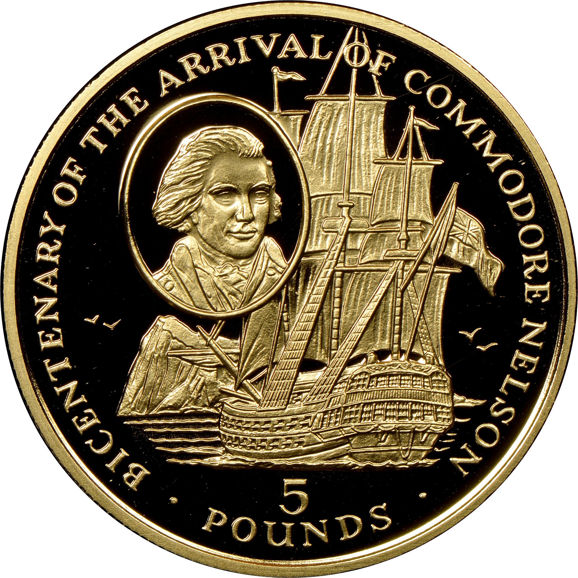 Gibraltar 5 Pounds - Elizabeth II Arrival of Commodore Nelson; Gold Proof