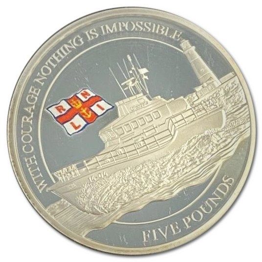 Alderney 5 Pounds - Elizabeth II RNLI; Roy Barker I; Silver Piedfort reverse
