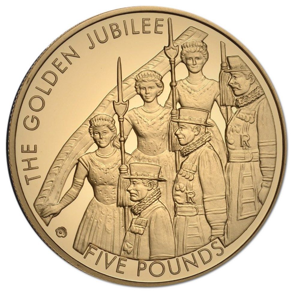Jersey 5 Pounds - Elizabeth II Golden Jubilee; Gold Proof Piedorf