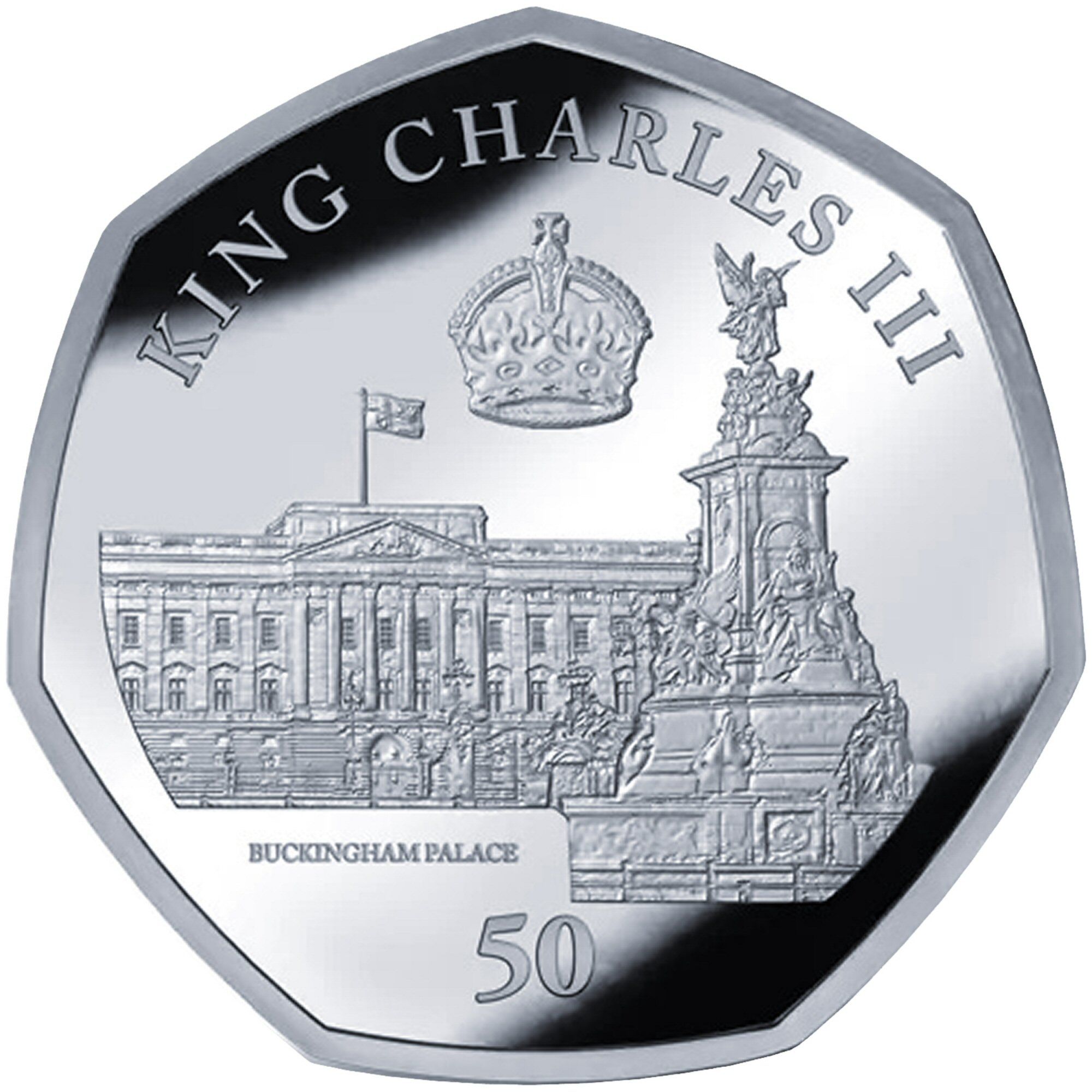 British Antarctic Territory 50 Pence - Charles III Buckingham Palace; Silver