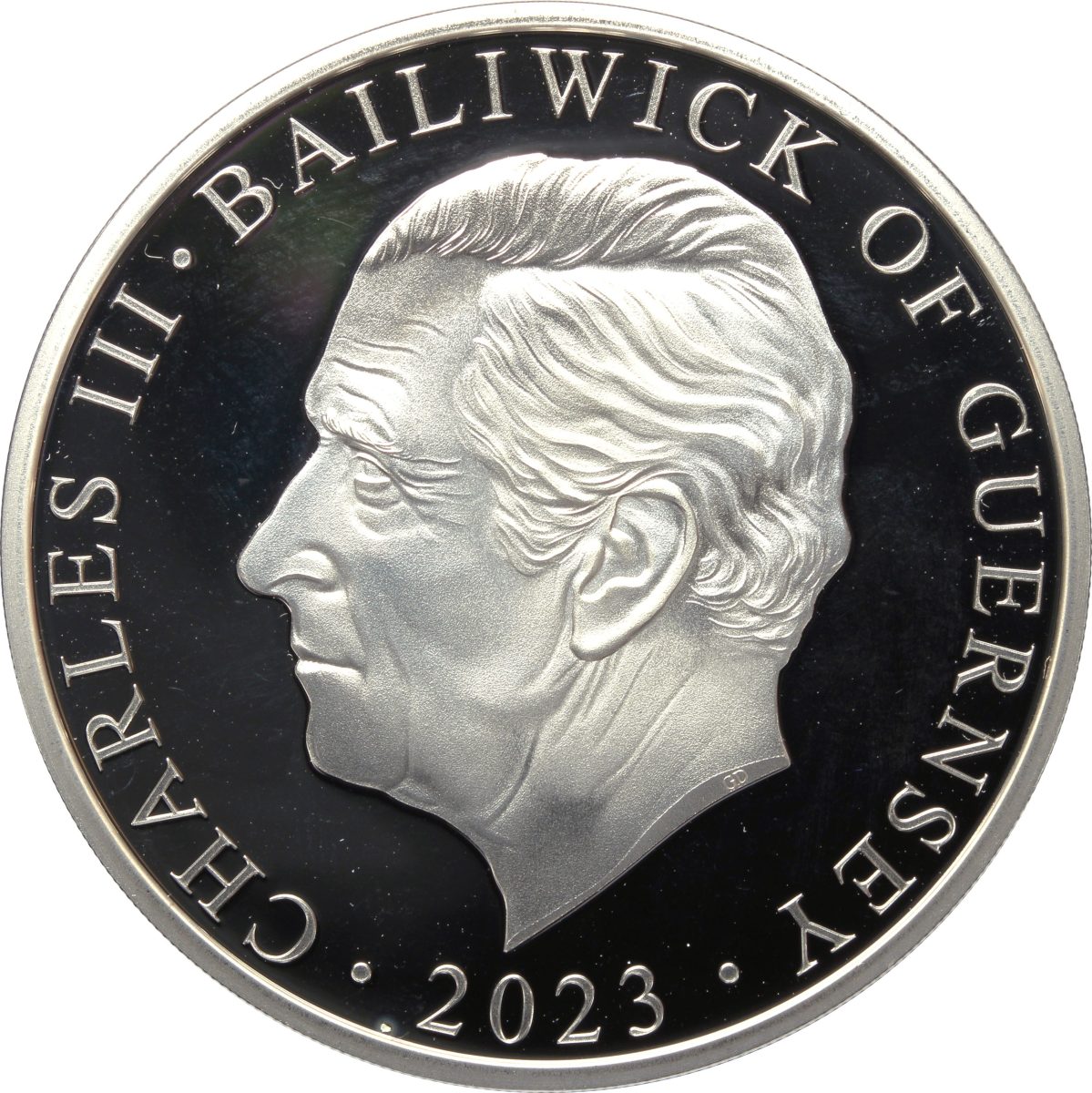 Guernsey 5 Pounds - Charles III Dambusters; Silver Proof obverse