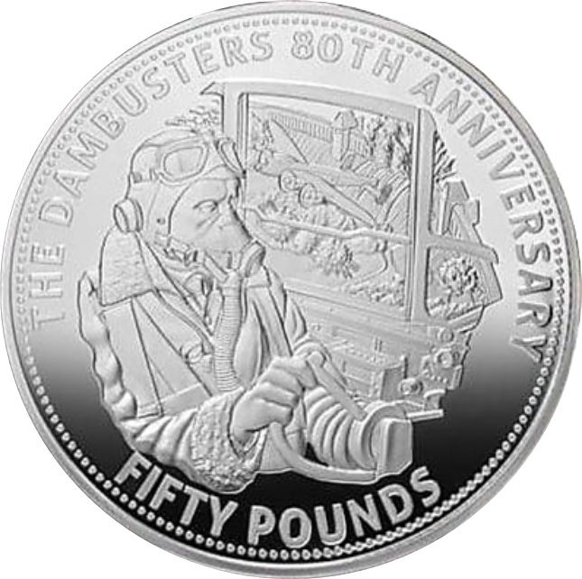 Guernsey 50 Pounds - Charles III Dambusters; Silver Proof obverse