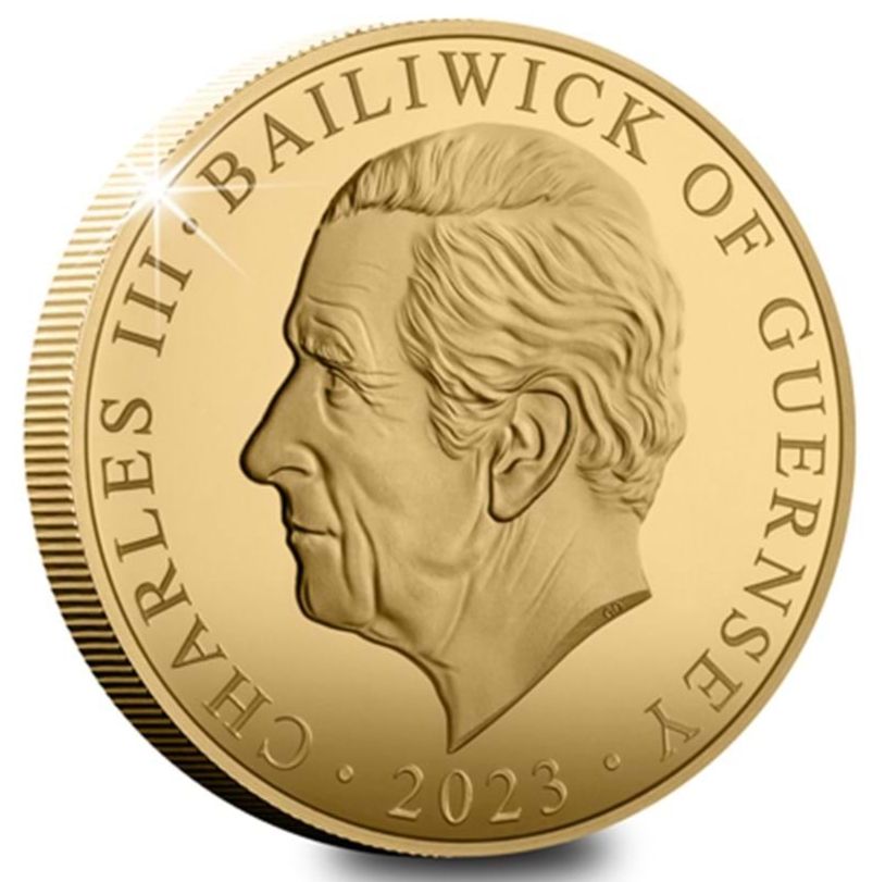 Guernsey 5 Pounds - Charles III Coronation; Silver Proof Gold Plated obverse