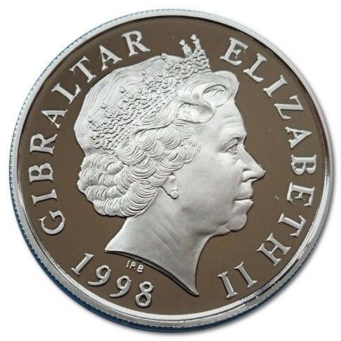 Gibraltar 5 Pounds - Elizabeth II Eurofighter over map; Silver Proof obverse