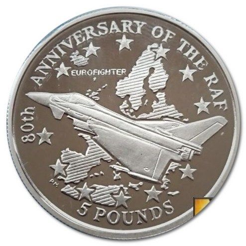 Gibraltar 5 Pounds - Elizabeth II Eurofighter over map; Silver Proof